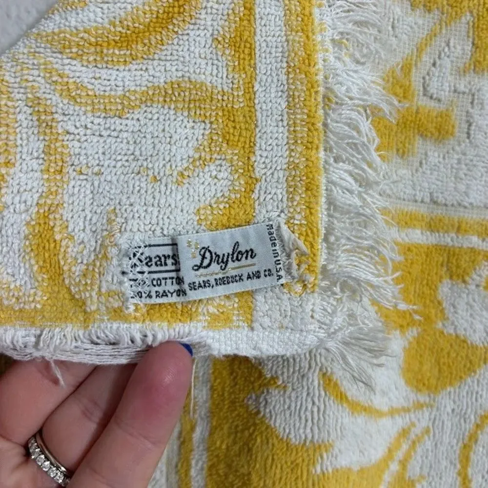 Vtg Sears Drylon Fringed Bath Towel Jacobean Print Golden Yellow Repurpose Craft
